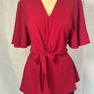Grace Karin Red V-Neck Blouse with Tie Waist